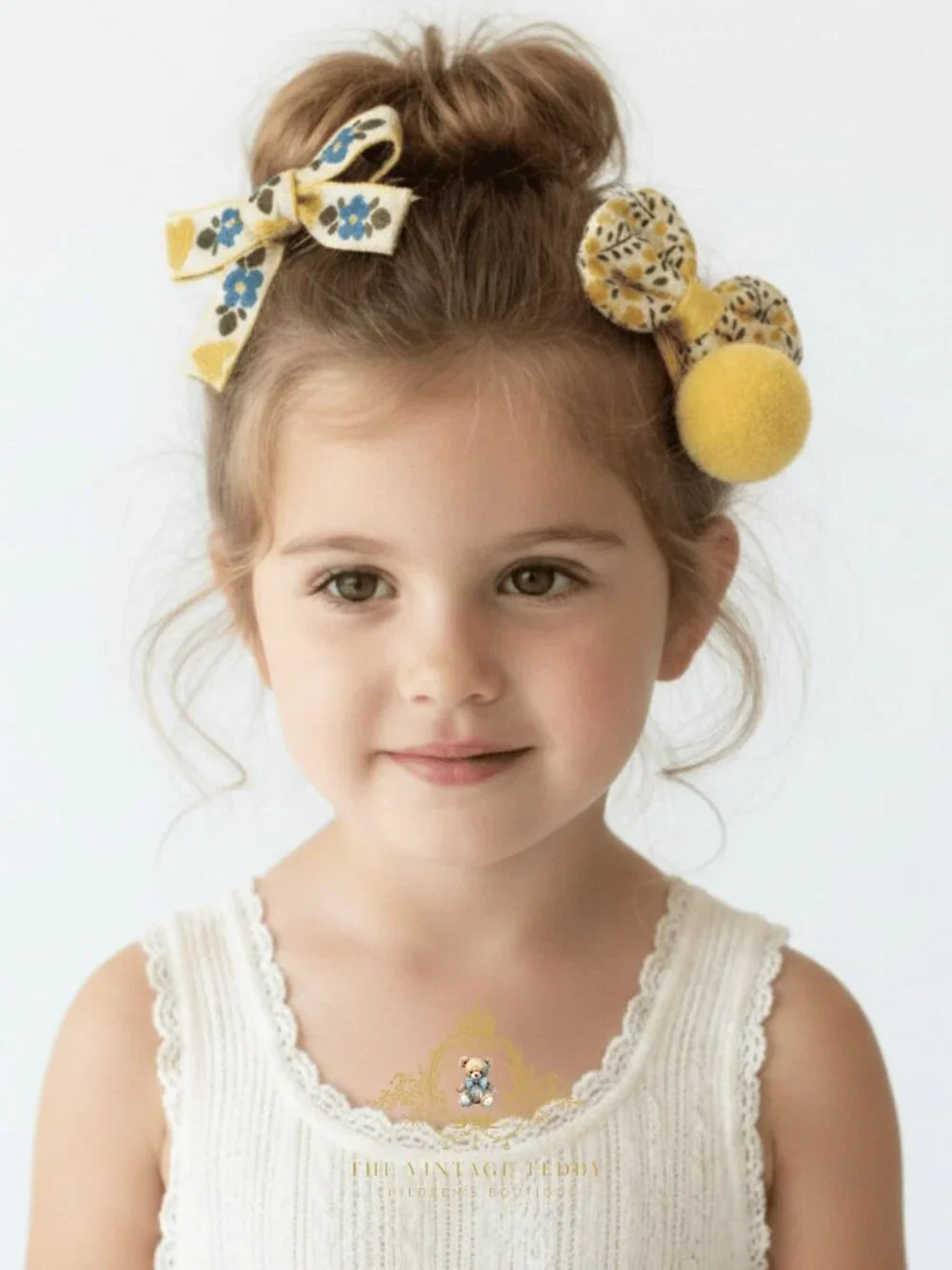 NWT Pretty Girls Hair Bows Hair Clips Kids Accessory Set of 3 Ribbons Pom Yellow